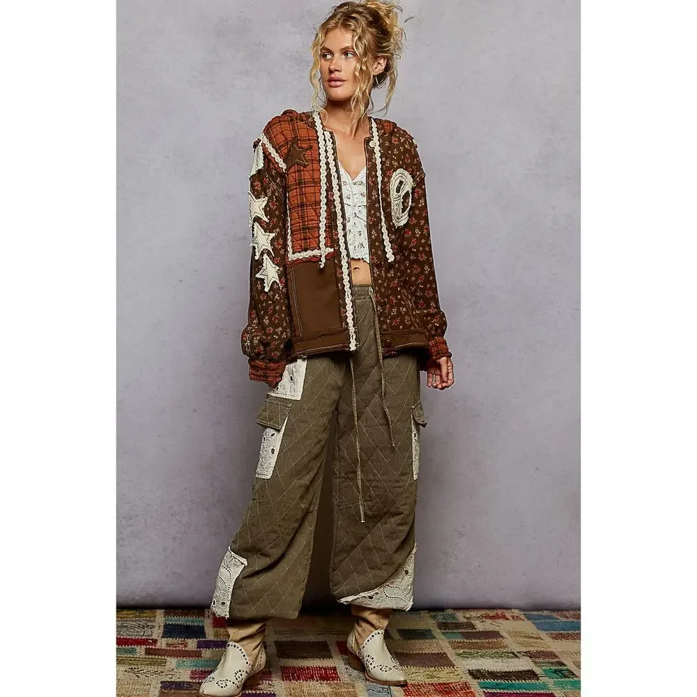 1J***POL hooded long balloon sleeve in printed terry with star & peace patch - Picture 4 of 5
